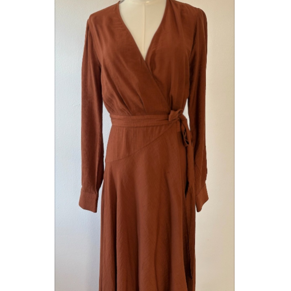 BCBG MaxAzria Rust Wrap Dress Long Sleeve Tie Waist Midi XS